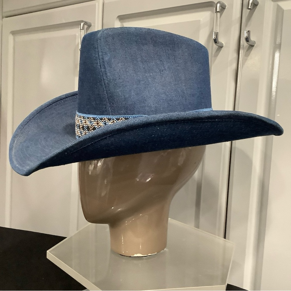 Vintage 70’s YA Youngan Blue Jean Denim Cowboy Western Hat Chevron Band - Picture 6 of 16